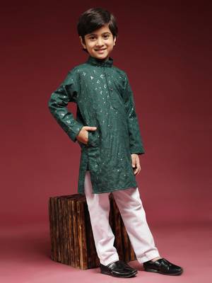 Dark green printed cotton printed kurta pajama set for boys ethnic wear 1