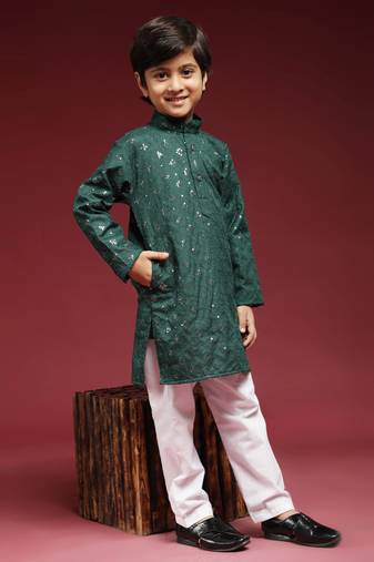 Dark green printed cotton printed kurta pajama set for boys ethnic wear