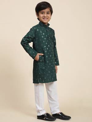 Dark green printed cotton printed kurta pajama set for boys ethnic wear 2
