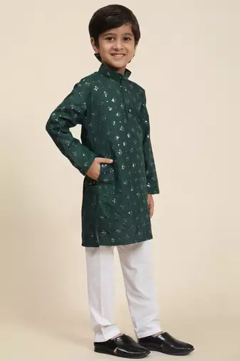 Dark green printed cotton printed kurta pajama set for boys ethnic wear