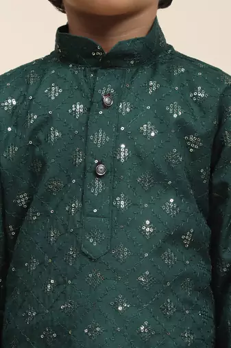 Dark green printed cotton printed kurta pajama set for boys ethnic wear