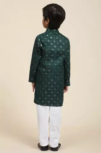 Dark green printed cotton printed kurta pajama set for boys ethnic wear