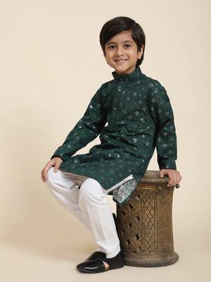 Dark green printed cotton printed kurta pajama set for boys ethnic wear 5