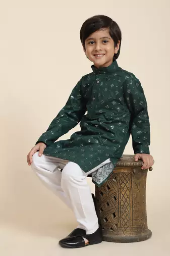 Dark green printed cotton printed kurta pajama set for boys ethnic wear