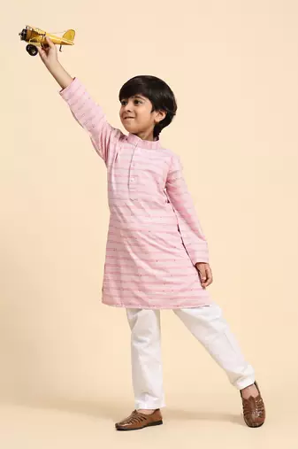 Pink printed cotton printed kurta pajama set for boys ethnic wear