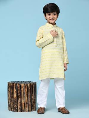 Yellow printed cotton printed kurta pajama set for boys ethnic wear 1