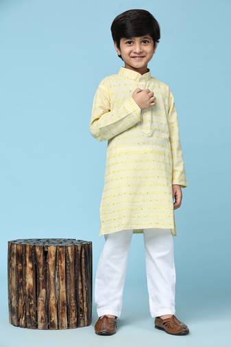 Yellow printed cotton printed kurta pajama set for boys ethnic wear