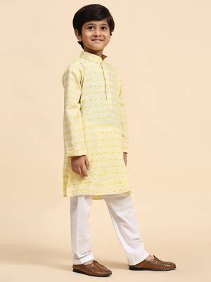 Yellow printed cotton printed kurta pajama set for boys ethnic wear 2