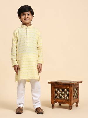 Yellow printed cotton printed kurta pajama set for boys ethnic wear 5