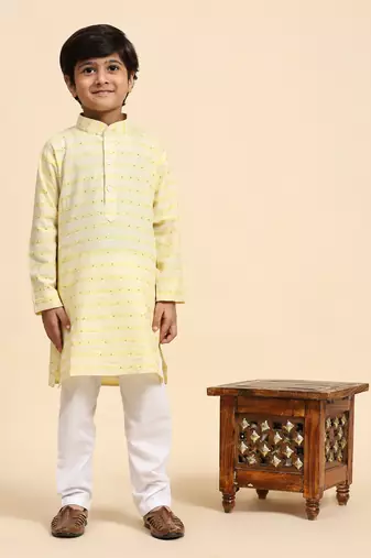Yellow printed cotton printed kurta pajama set for boys ethnic wear