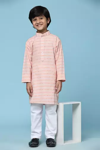 Orange printed cotton printed kurta pajama set for boys ethnic wear