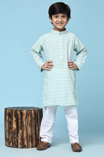 Green printed cotton printed kurta pajama set for boys ethnic wear