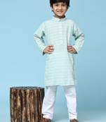Green printed cotton printed kurta pajama set for boys ethnic wear