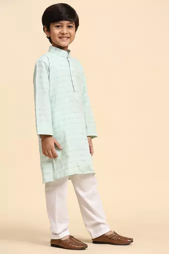Green printed cotton printed kurta pajama set for boys ethnic wear