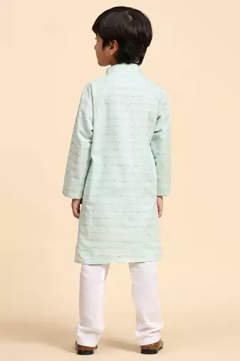Green printed cotton printed kurta pajama set for boys ethnic wear