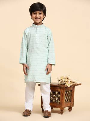 Green printed cotton printed kurta pajama set for boys ethnic wear 5