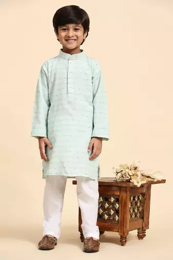 Green printed cotton printed kurta pajama set for boys ethnic wear