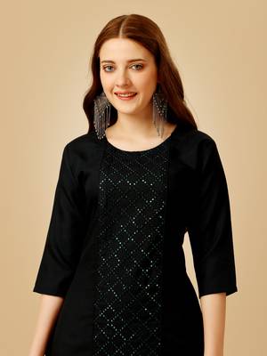 Black Embroidery & Sequance Cotton Magic Slub Stiched Kurta Pant 3