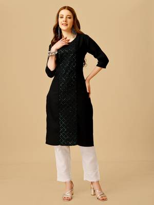 Black Embroidery & Sequance Cotton Magic Slub Stiched Kurta Pant 1