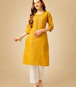 Mustard Embroidery & Sequance Cotton Magic Slub Stiched Kurta Pant