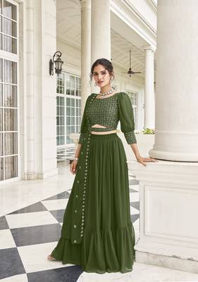 DESIGNER FANCY PARTY WEAR GEORGETTE GREEN LEHENGA CHOLI WITH SEQUENCE WORK 42 SIZE FULL STITCHED 1