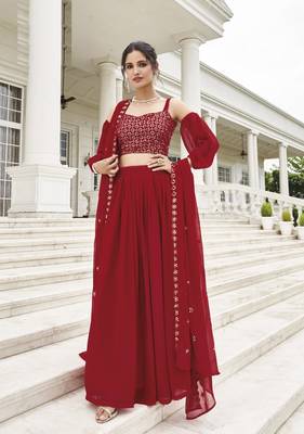  PARTY WEAR GEORGETTE RED LEHENGA CHOLI WITH sequin WORK 42 SIZE FULL STITCHED 1