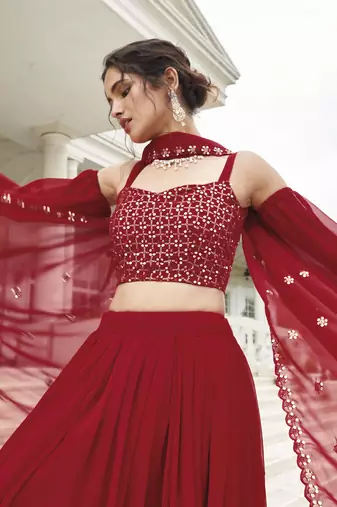  PARTY WEAR GEORGETTE RED LEHENGA CHOLI WITH sequin WORK 42 SIZE FULL STITCHED