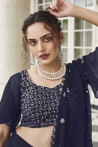 PARTY WEAR GEORGETTE BLUE LEHENGA CHOLI WITH sequin WORK 42 SIZE FULL STITCHED