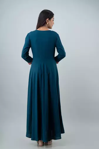 Women  Embroidered Anarkali Gown in  Teal Blue