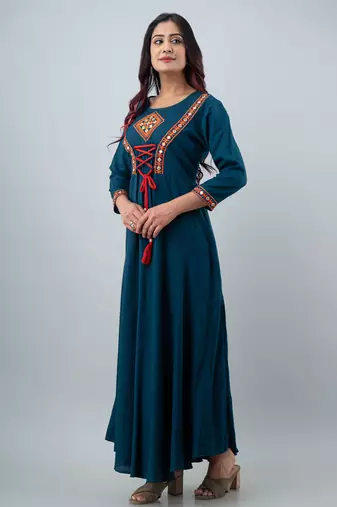 Women  Embroidered Anarkali Gown in  Teal Blue