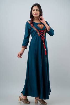 Women  Embroidered Anarkali Gown in  Teal Blue 4
