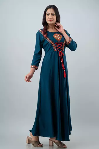 Women  Embroidered Anarkali Gown in  Teal Blue