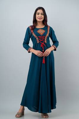 Women  Embroidered Anarkali Gown in  Teal Blue 1