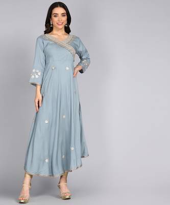 ftDiva Women  Embroidered Anarkali Gown in Grey 1
