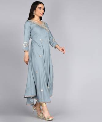 ftDiva Women  Embroidered Anarkali Gown in Grey 2