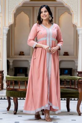 ftDiva Women  Embroidered Anarkali Gown in  Rose Gold 3
