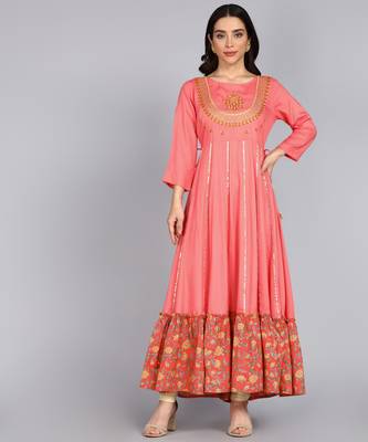 Women Embroidered Floral Print Anarkali Gown in Peach 1