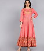 Women Embroidered Floral Print Anarkali Gown in Peach