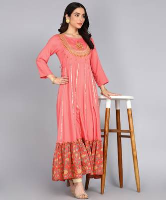 Women Embroidered Floral Print Anarkali Gown in Peach 2