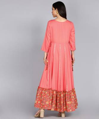 Women Embroidered Floral Print Anarkali Gown in Peach 3