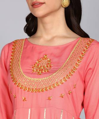 Women Embroidered Floral Print Anarkali Gown in Peach 4