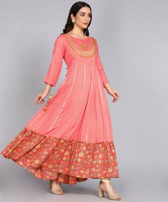Women Embroidered Floral Print Anarkali Gown in Peach 5