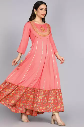 Women Embroidered Floral Print Anarkali Gown in Peach