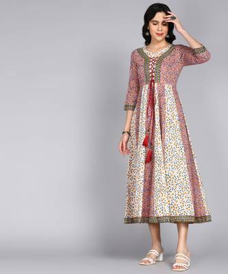 ftDiva Women Floral Printed Multicolor Anarkali Gown in Cotton 1