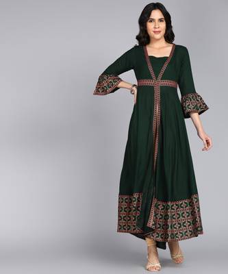 ftDiva Women Paisley Frontslit Flared Gown in Dark Green 1