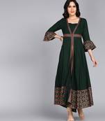 ftDiva Women Paisley Frontslit Flared Gown in Dark Green