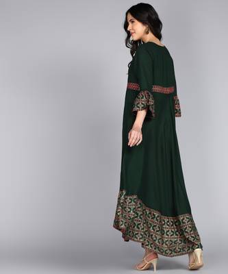 ftDiva Women Paisley Frontslit Flared Gown in Dark Green 2