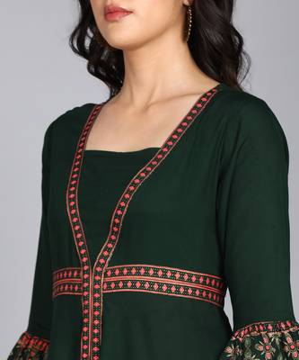 ftDiva Women Paisley Frontslit Flared Gown in Dark Green 4
