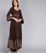 ftDiva Women Paisley Frontslit Flared Gown in Dark CoffeeBrown