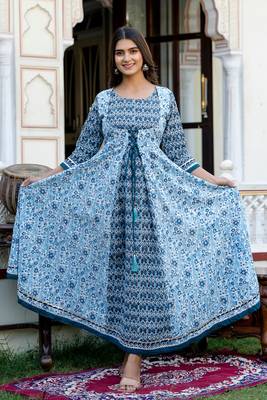 ftDiva Women Paisley Floral Printed Anarkali Gown in Blue 1
